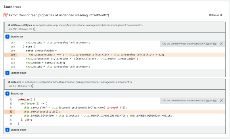 New Relic stack trace with source map