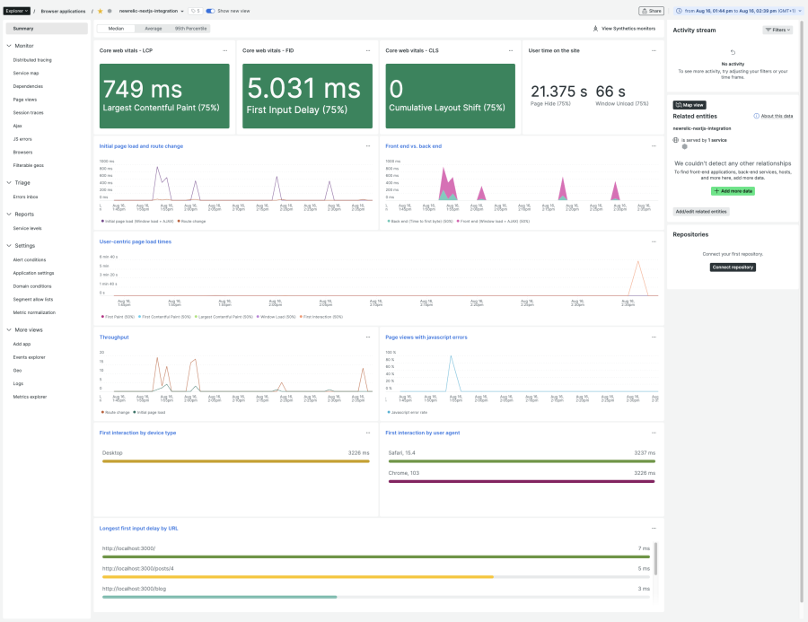 New Relic UI - Browser telemetry summary view