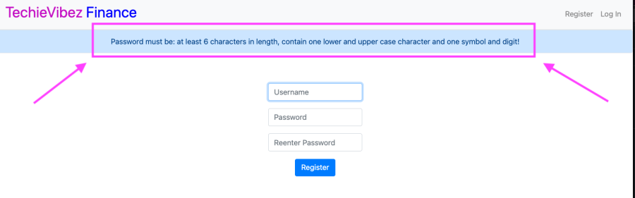 The password criteria for the sample application is being highlighted