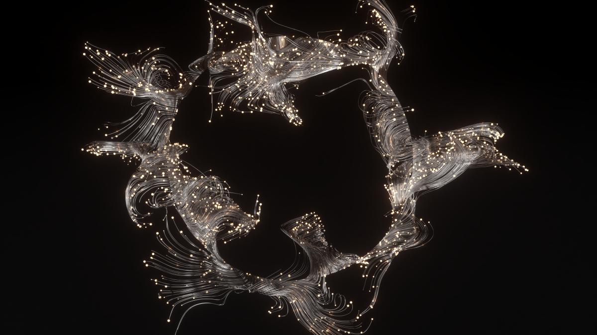 Image of abstract data, gold on dark background