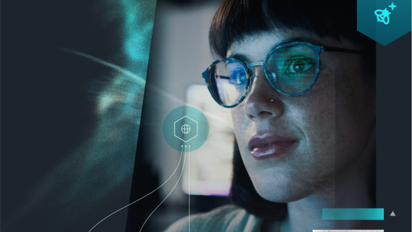Woman wearing glasses with computer code in the glass reflection overlayed with an entity relationship flowchart and a geometric icon with a honeybee inside.