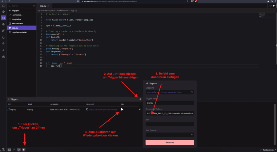 Screenshot der WayScript UI, der die Einrichtung eines Deploy-Triggers illustriert