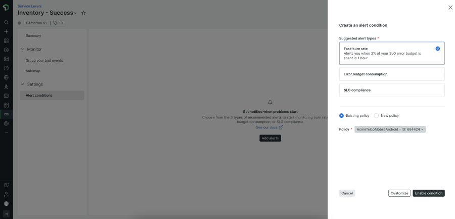 Screenshot of New Relic error budget and burn rate alert setup page