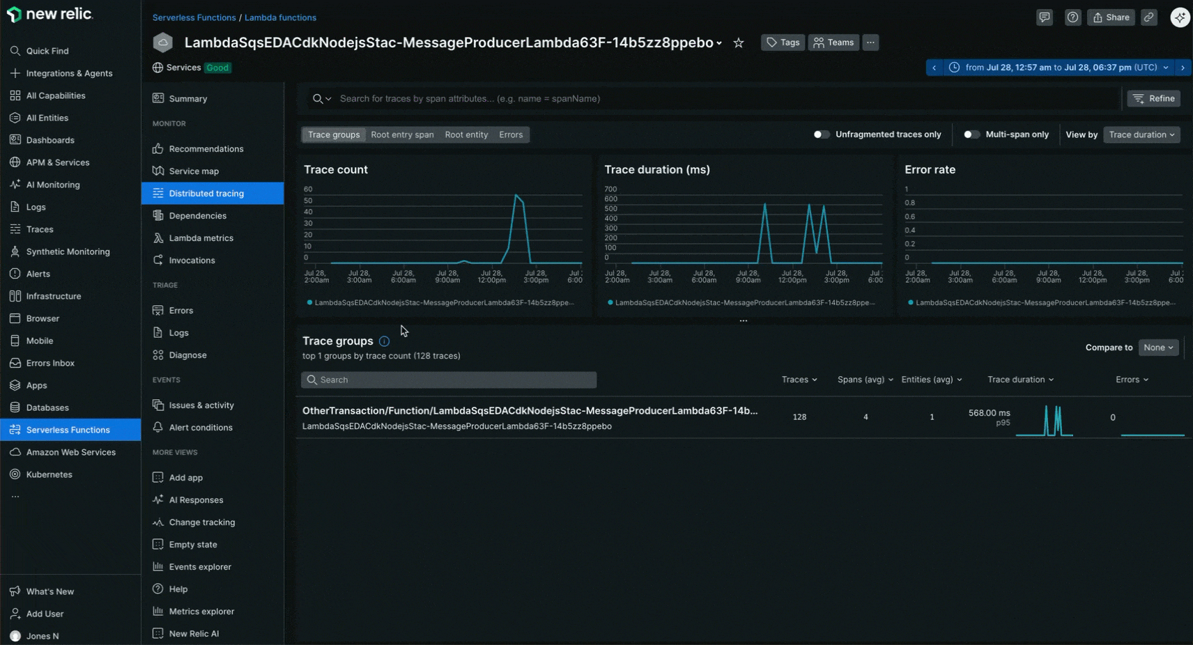 New Relic interface showcasing enabled tracing for Lambda.