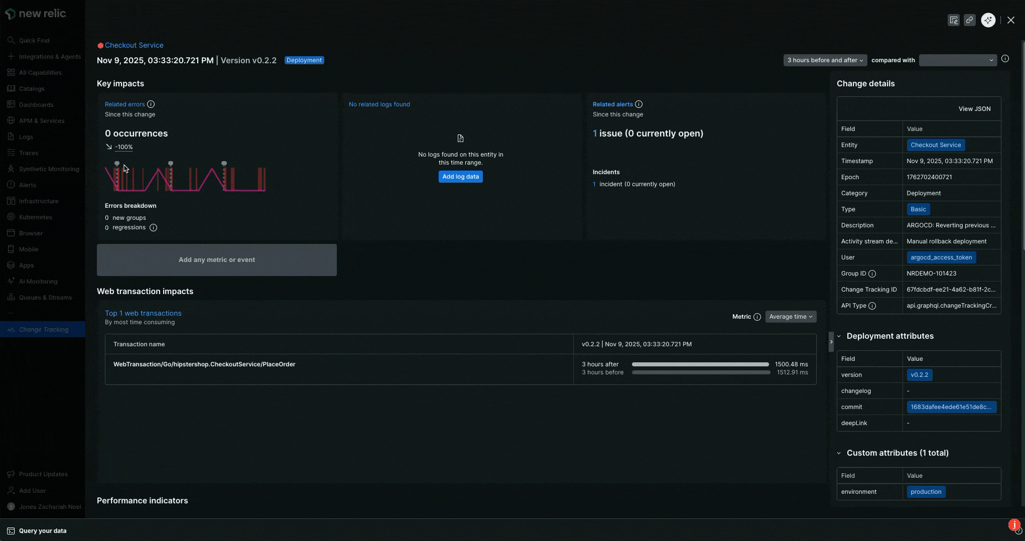 Summary of the change tracking marker compared with another marker