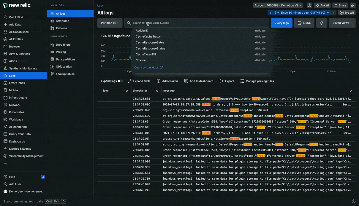 The New Relic dashboard showing an error log analysis alongside an AI-generated plan for resolving the internal server error