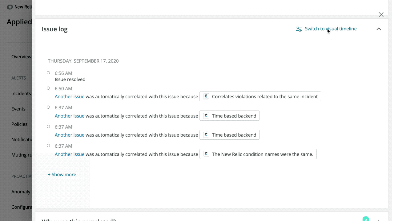 A New Relic Issue Log timeline displaying automated alert correlation reasons and issue resolution timestamps