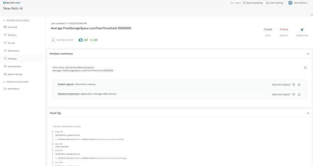 New Relic AI issue cards example