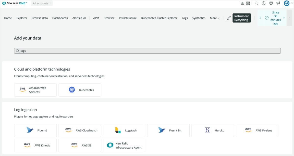 New Relic Logs Management screen capture