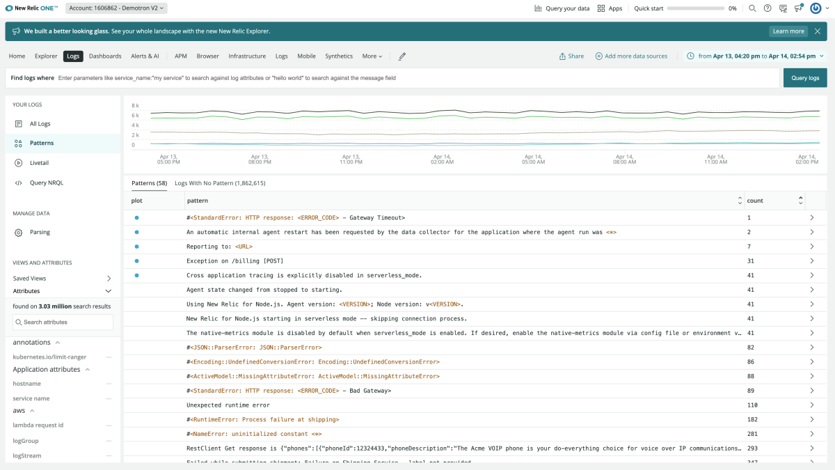 New Relic Logs Management screen capture