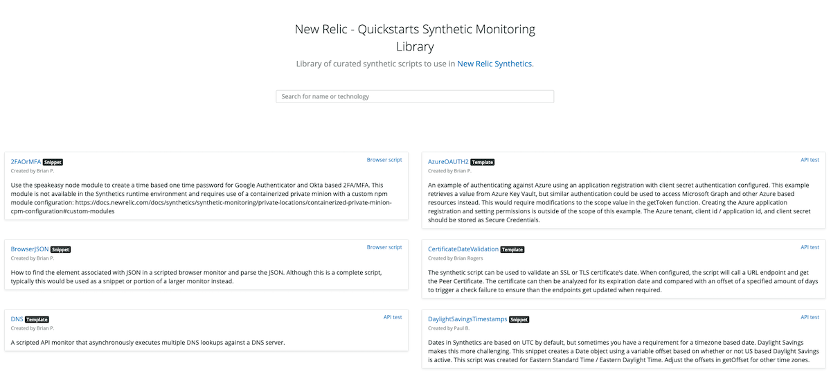 Quickstarts Synthetic Monitoring library
