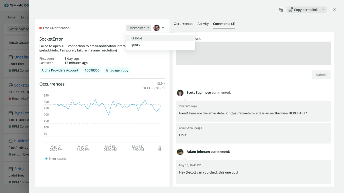 New Relic errors inbox product screenshot