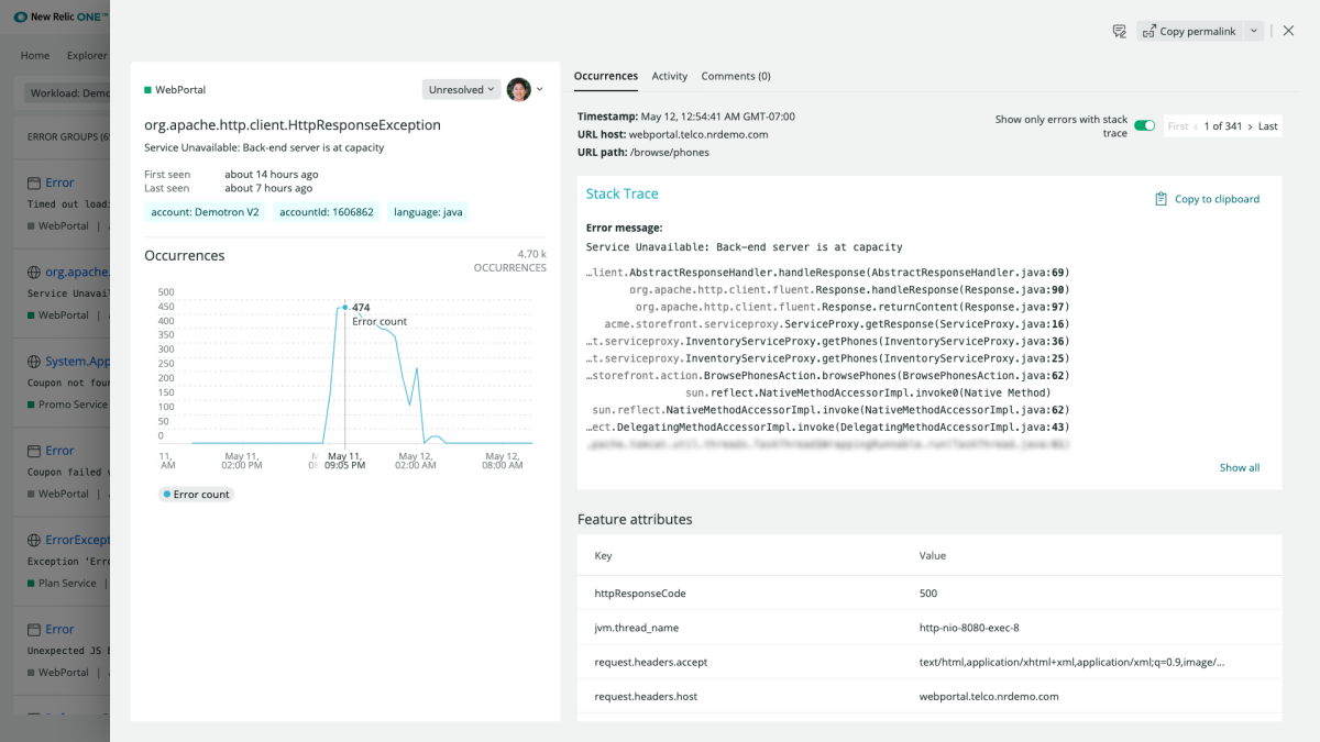 New Relic errors inbox product screenshot
