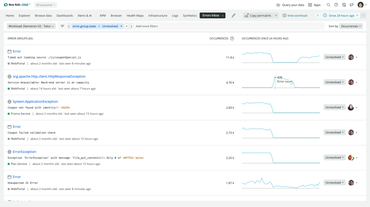New Relic errors inbox product screenshot