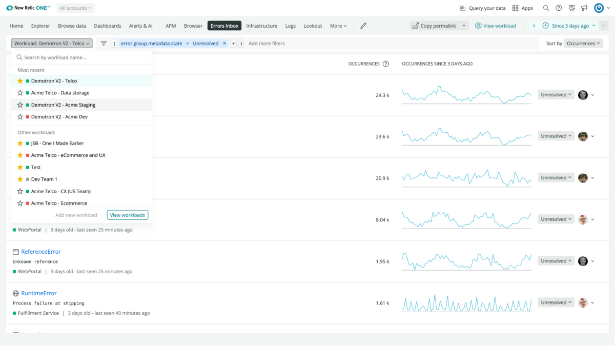 An example of New Relic One workloads showing in navbar dropdown