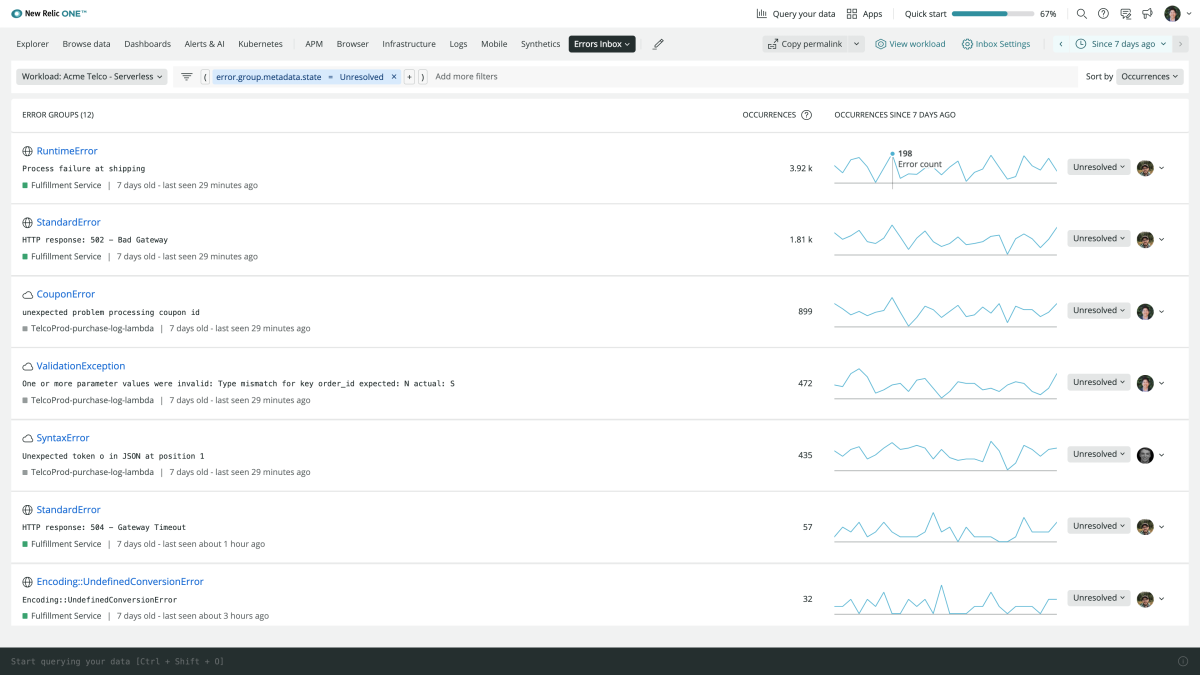 New Relic One Errors Inbox: Workload: Acme Telco - Serverless screen