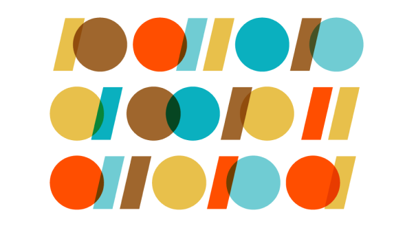 Abstract shapes in yellow, orange, brown, and blue
