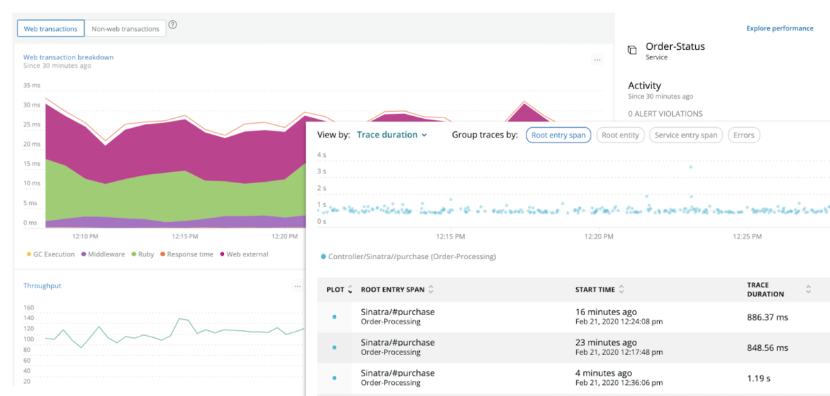 Image New Relic dashboard with graphs and data displayed