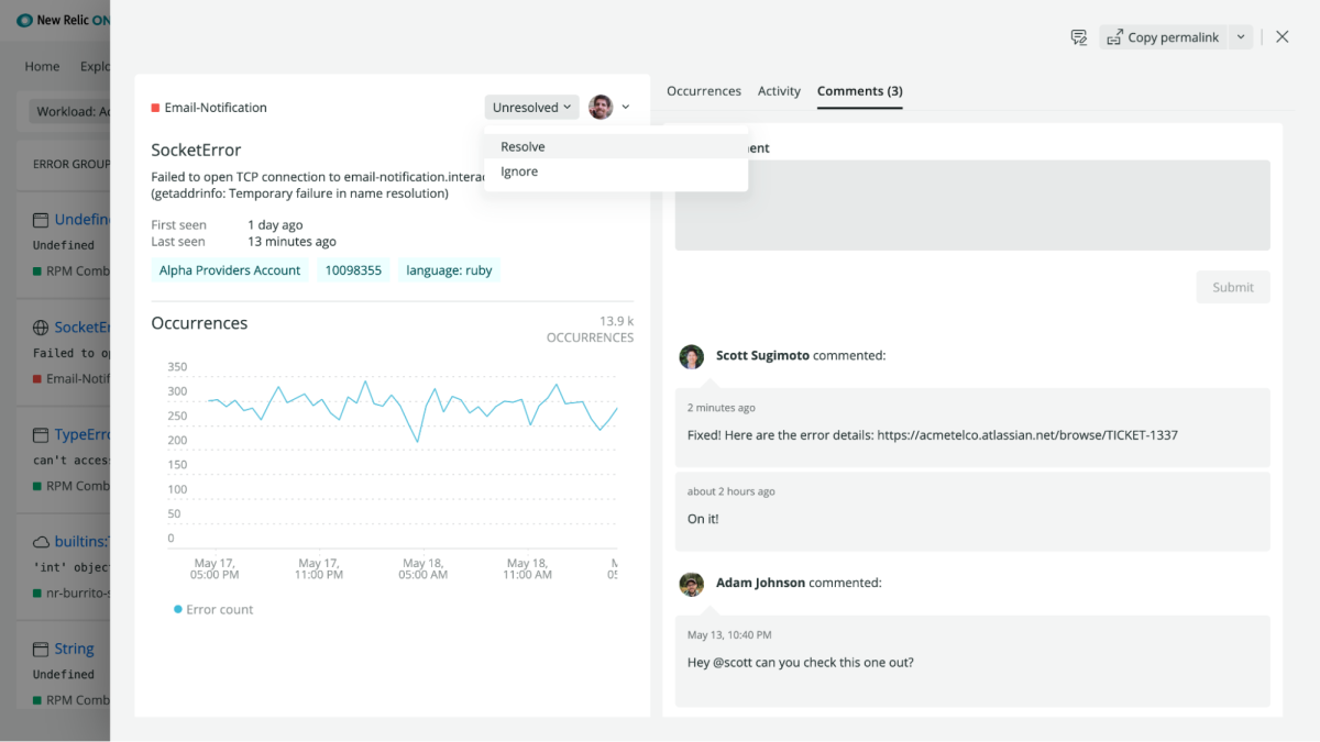 New Relic One email notification re: SocketError