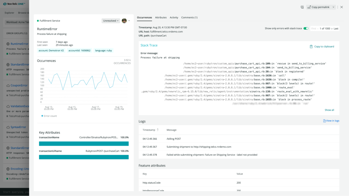New Relic One errors inbox runtime error