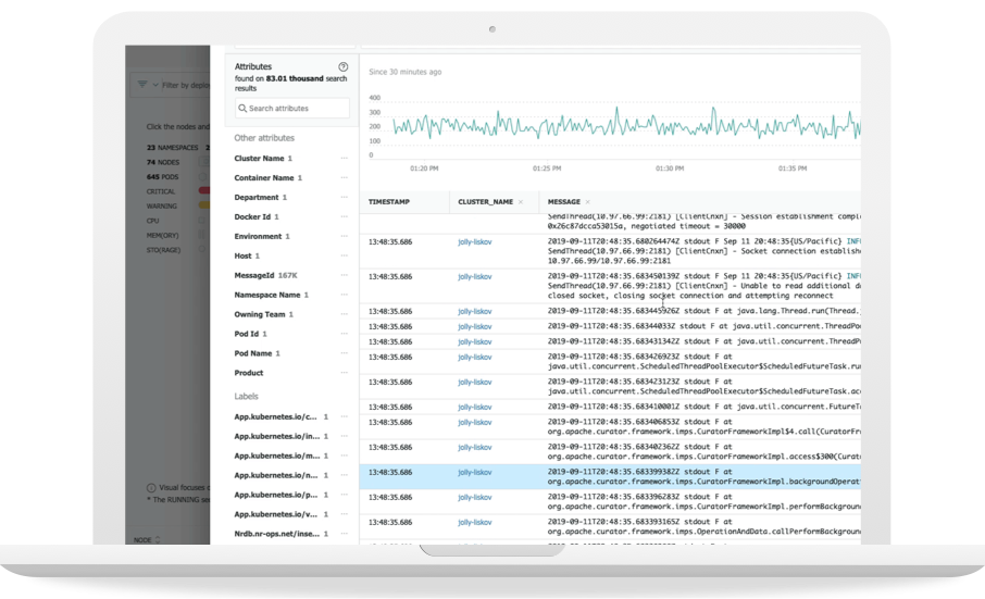 New Relic Logs dashboard displaying performance data on a laptop screen