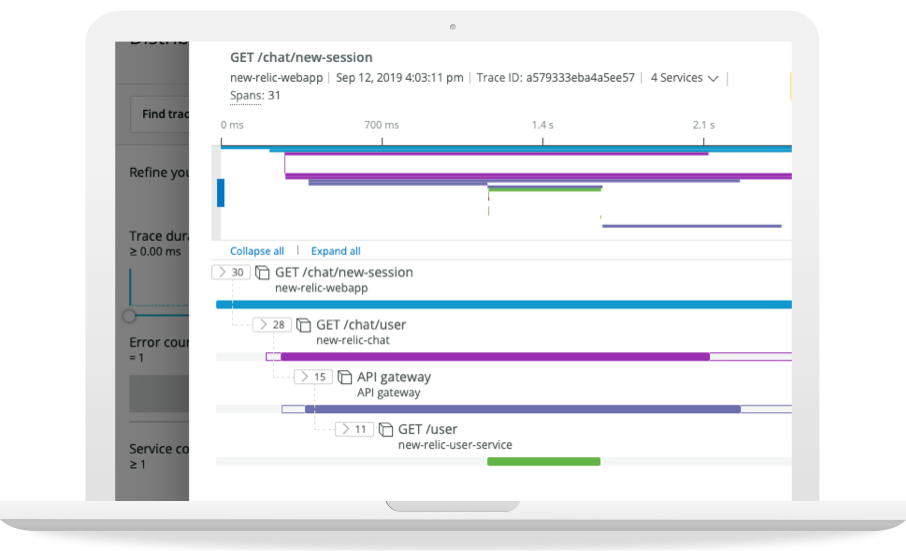 Laptop screen displaying a New Relic One dashboard with the metrics and traces feature opened up on the screen