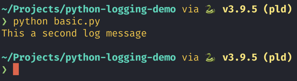 The second message is logged to the terminal.