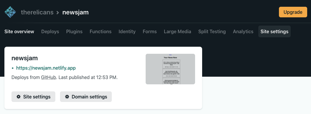 Netlify site settings screenshot