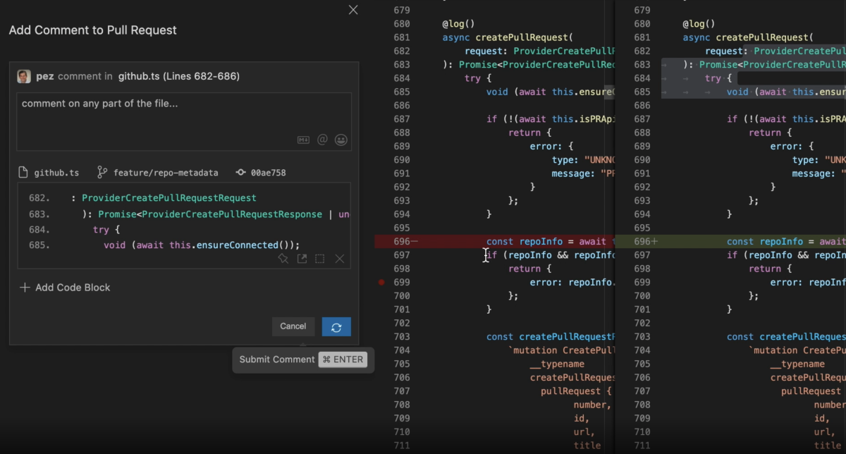 Imagem do recurso CodeStream em um editor de códigos com um comentário sobre uma pull request.