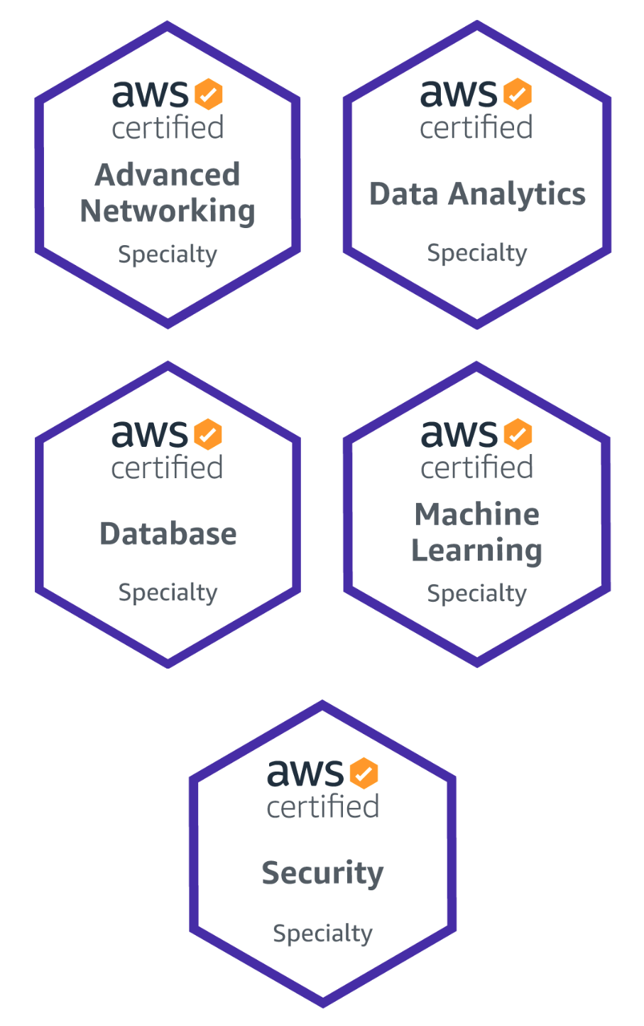 AWS speciality certifications: Advanced Networking, Data Analytics, Database, Machine Learning, Security