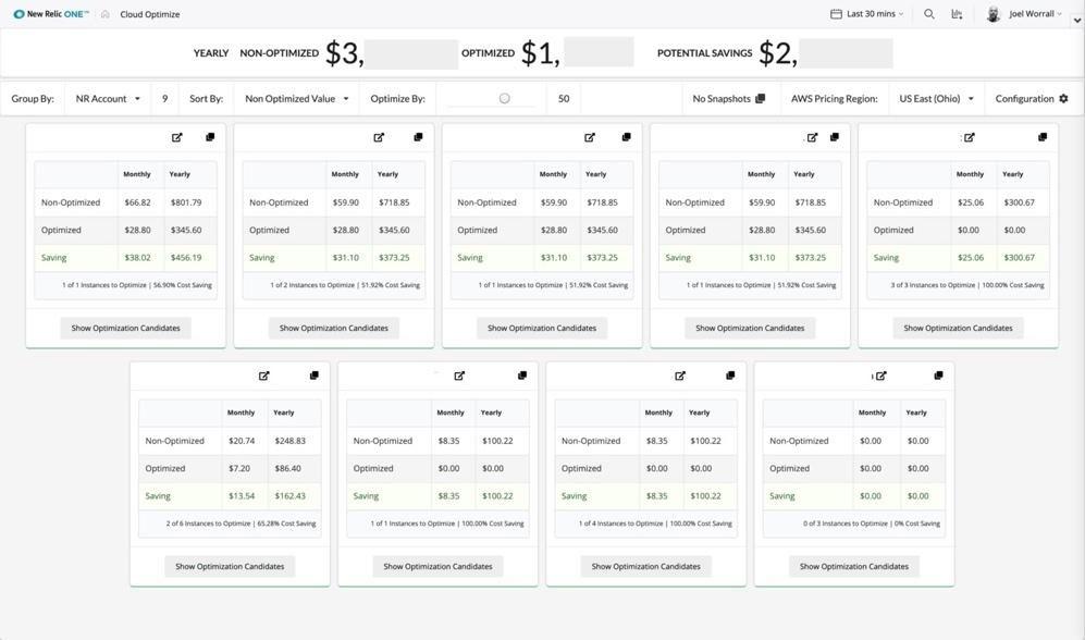 New Relic Cloud Optimizeが、削減できるクラウドコストを表示している画面。