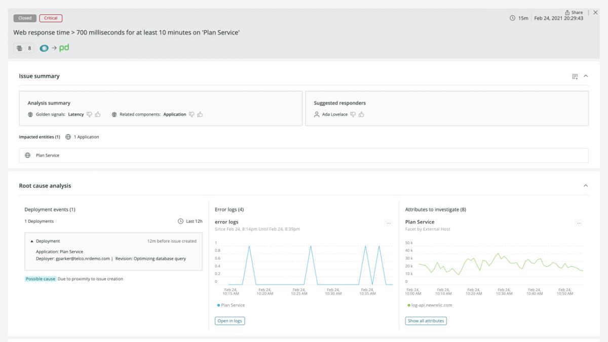 New Relic product screen capture root cause analysis 