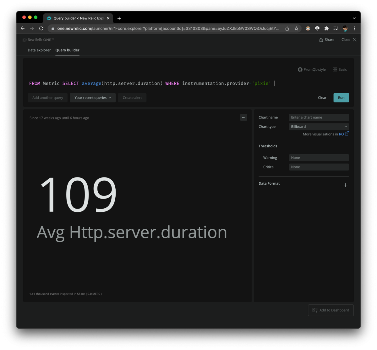 New Relic One dashboard shows the average HTTP server duration