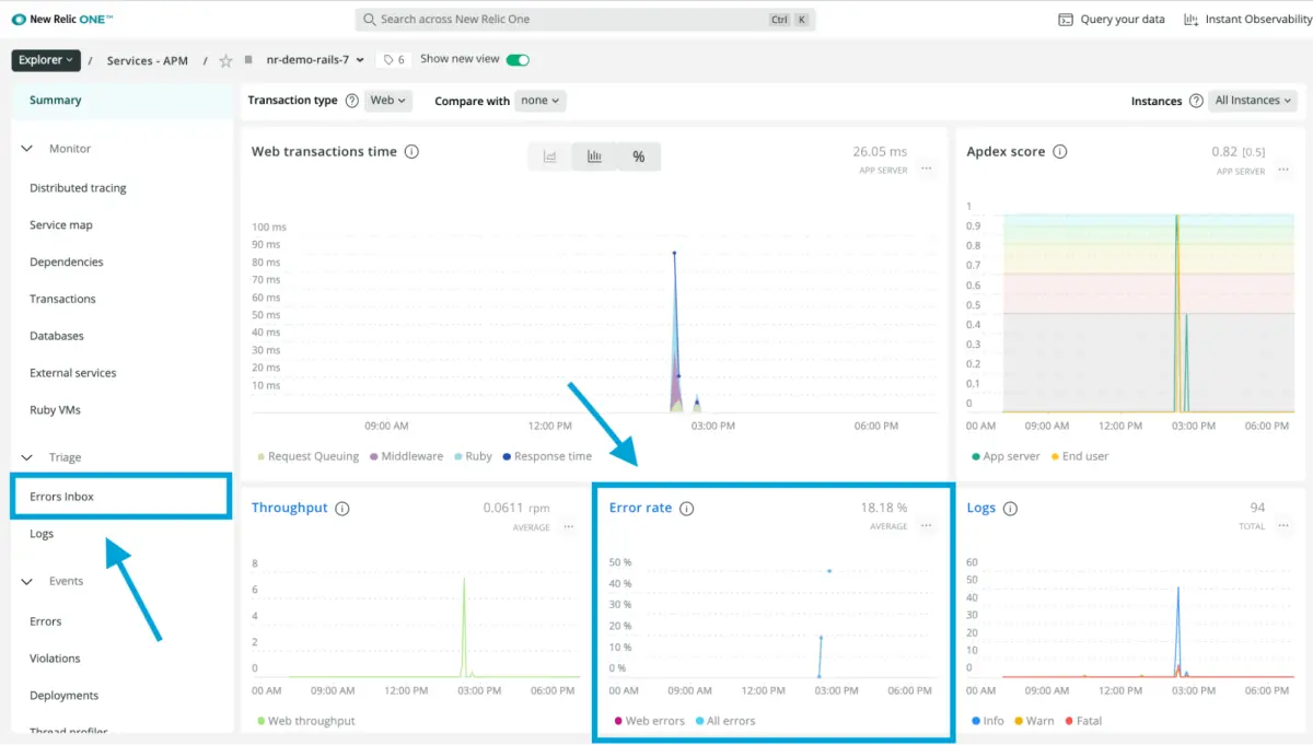 Where to find errors in New Relic One Dashboard