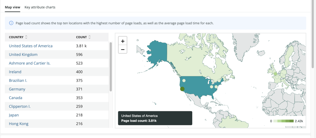 New Relic One shows the geographic location of page loads