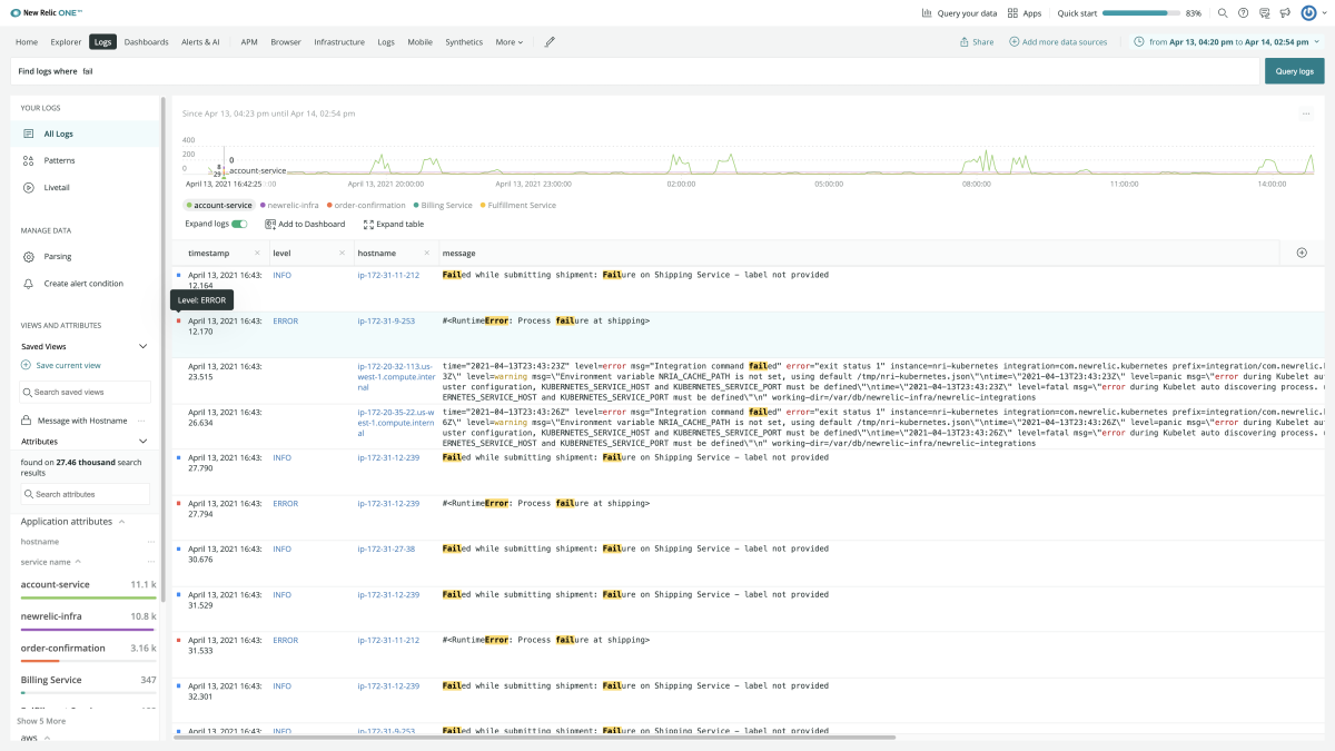 New Relic One Logs screen