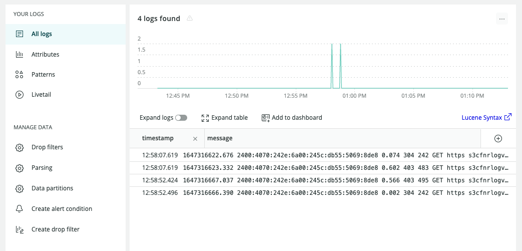 New Relic Logs UI incoming logs
