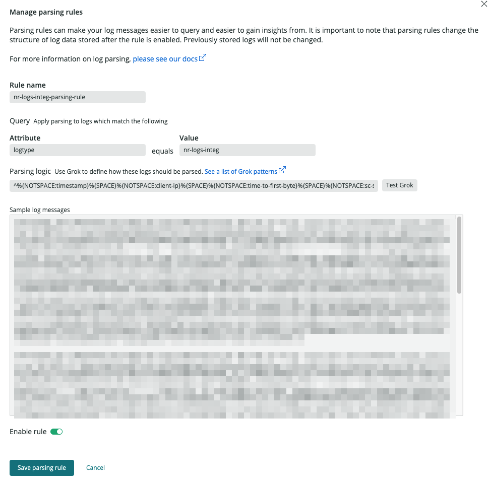New Relic Logs Parsing rule setting