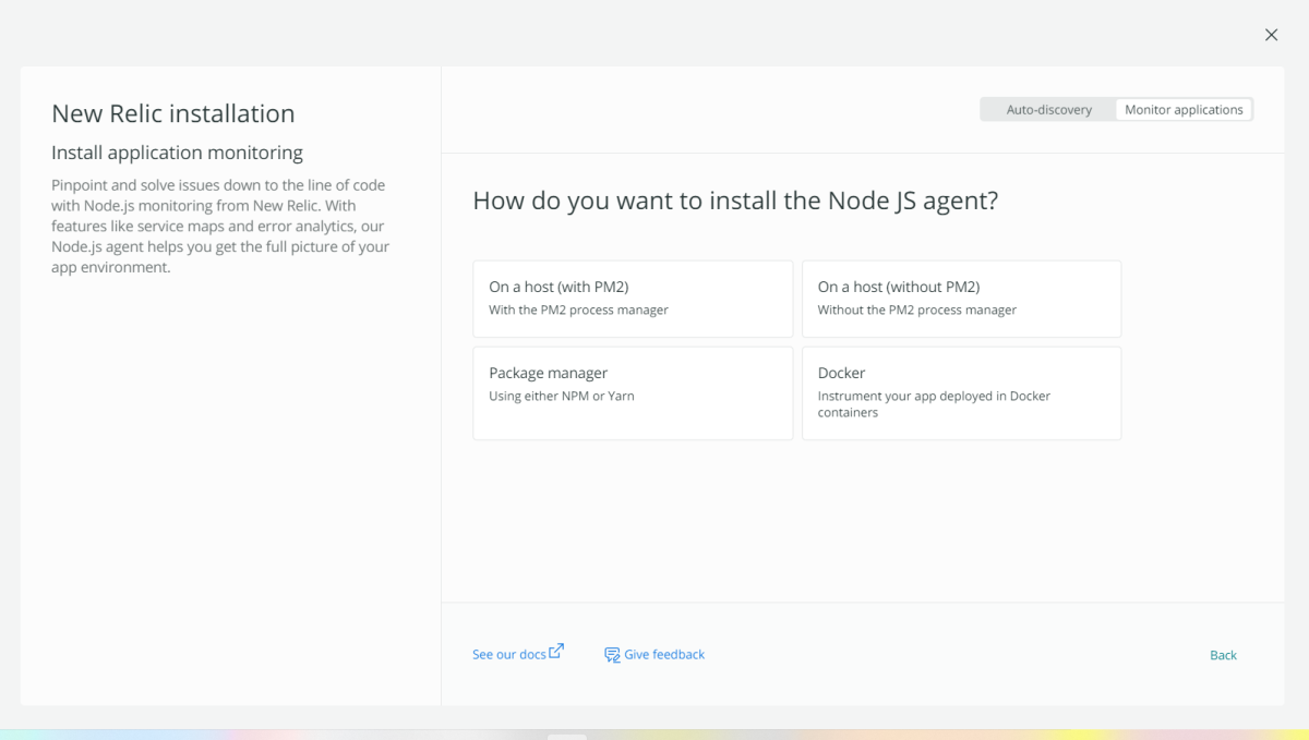 Four options for installing the Node.js agent