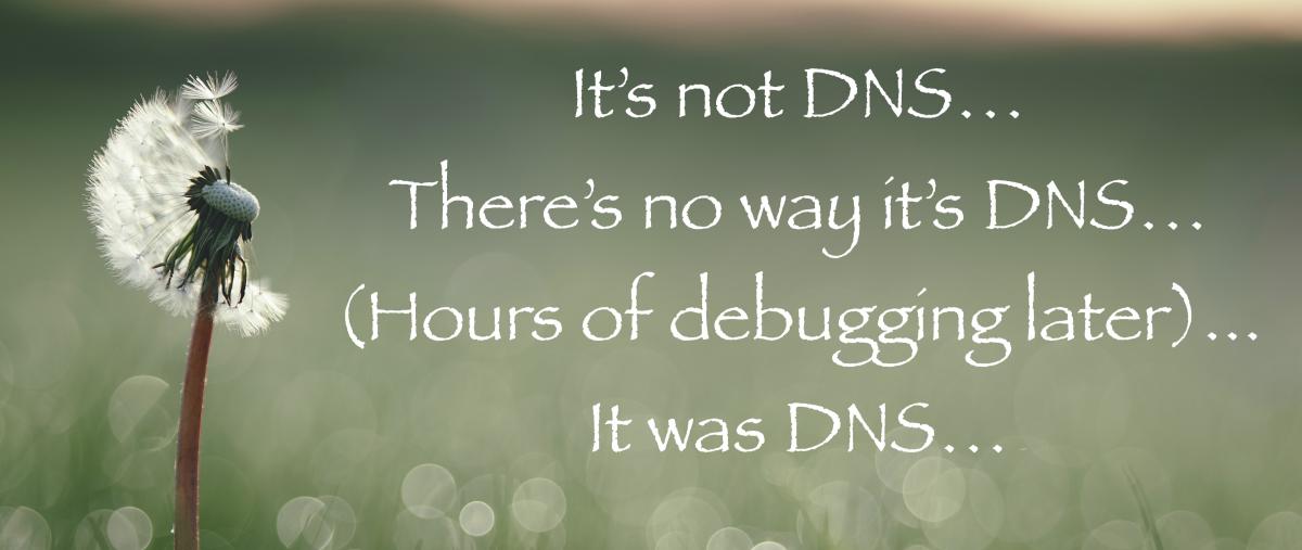 Meme reads "It's not DNS... There's no way it's DNS... (Hours of debugging later)... It was DNS...