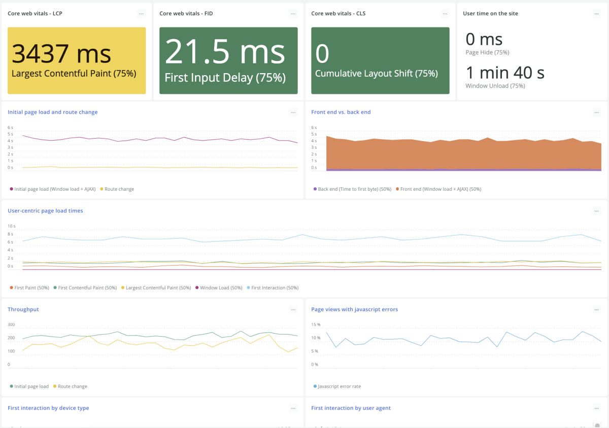 Application health screen shot showing largest contentful paint, user-centric page load times, first input delay, cumulative layout shift, initial page load and route change, and more