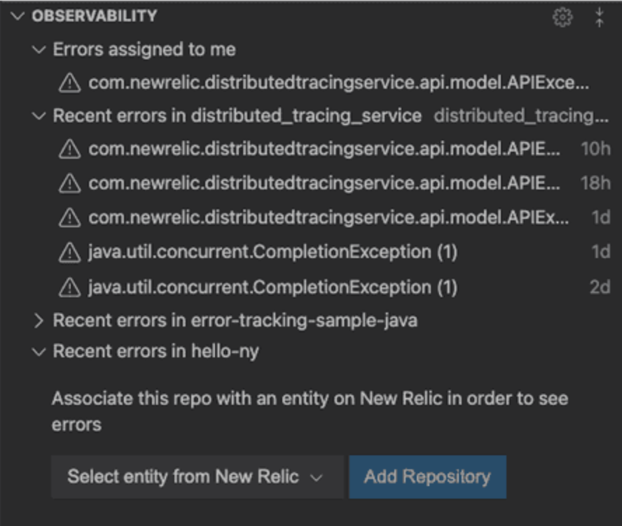 Screenshot, der ein Beispiel dafür zeigt, wie in New Relic CodeStream ein Repository mit einem Python-Service verknüpft wird