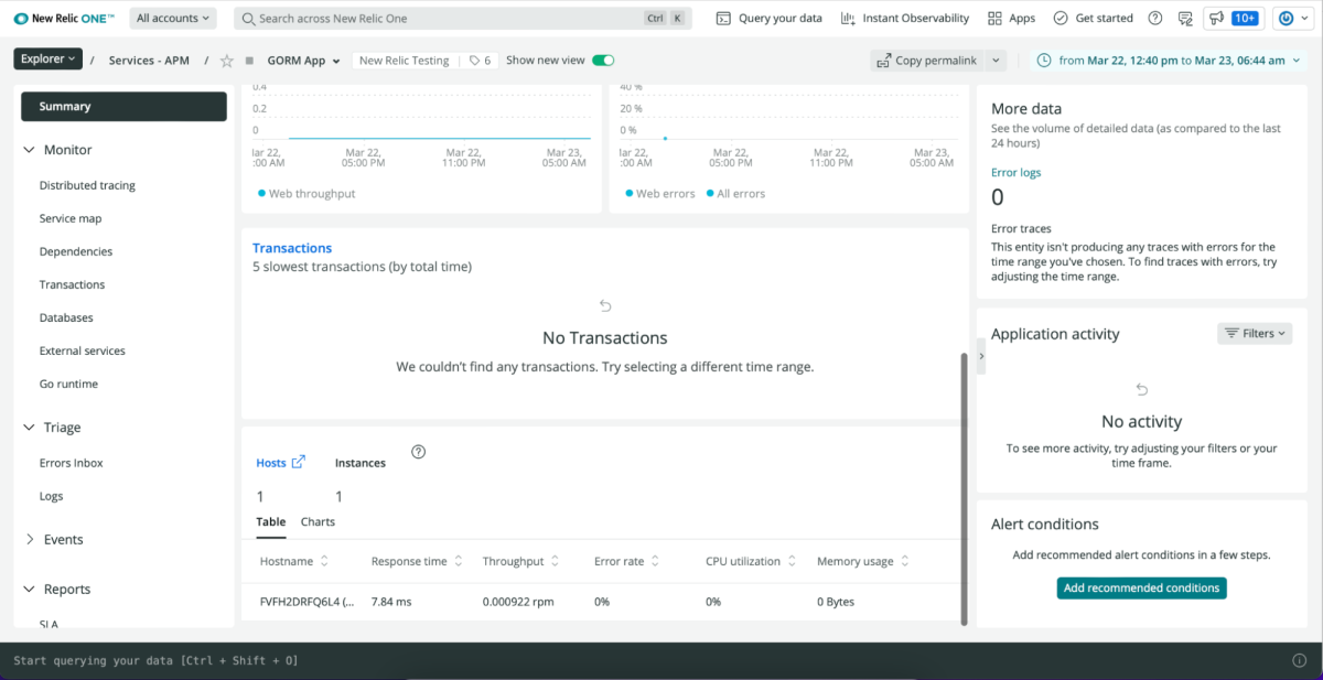 New Relic UI shows database transactions