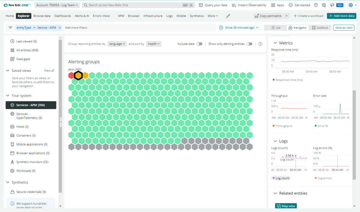 New Relic explorer UI shows alerting groups in APM services.