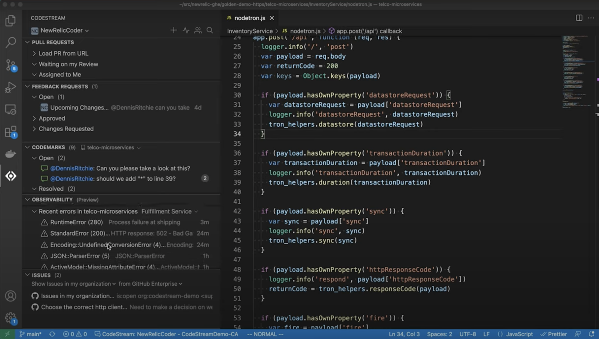 Screenshot einer Code-Ansicht mit CodeStream-Navigation für täglich im Einsatz befindliche Tools wie New Relic, GitHub und Jira direkt in der IDE