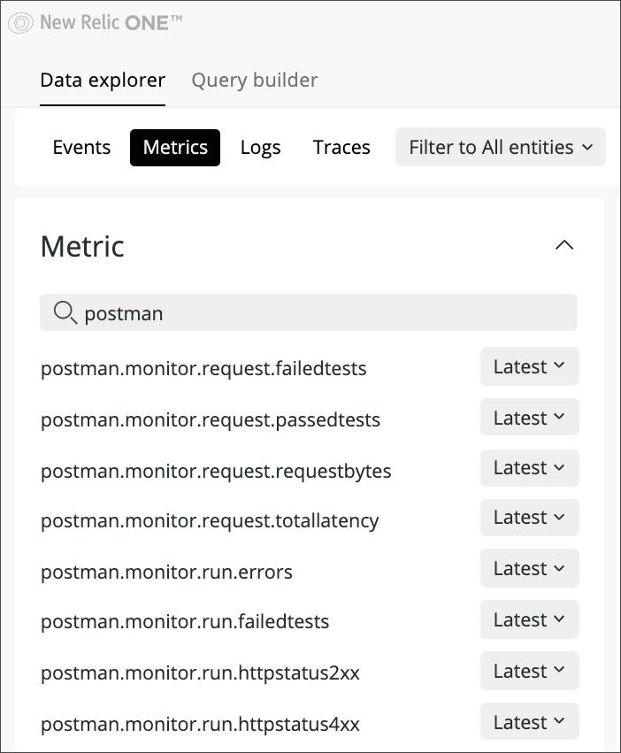 Onglet Metrics dans New Relic montrant les métriques de Postman Monitor que vous pouvez choisir manuellement.
