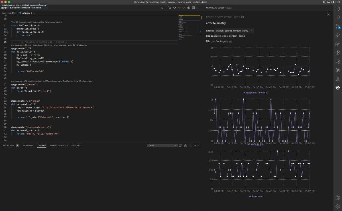 Screenshot of code-level metrics and dashboards integrated in an IDE with New Relic CodeStream