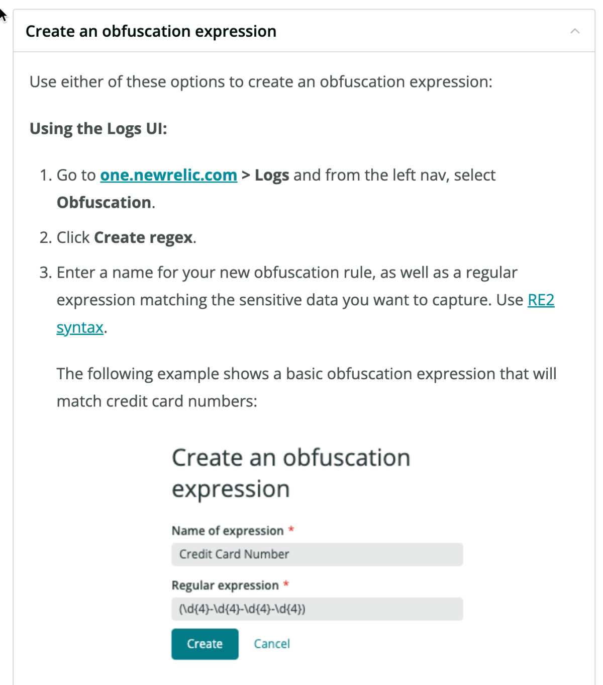 New Relic Create obfuscation expression screenshot