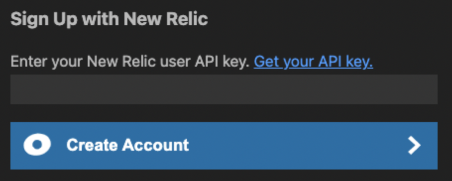 Screenshot des Fensters, in dem Benutzer:innen bei ihrer Registrierung zur Eingabe des API-Key aus New Relic aufgefordert werden