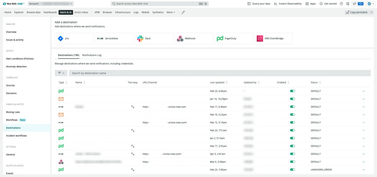 Screenshot of destinations overview in New Relic